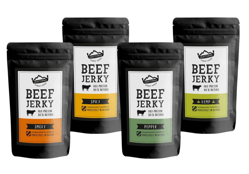 Probierpackung Trockenfleisch, 100% natürliches Beef Jerky, Rindfleisch aus Deutschland / Bayern. Dörrfleisch ohne Chemie, Zucker und Allergene, glutenfrei, laktosefrei