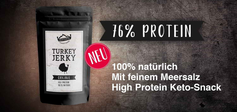 Turkey Jerky, Natürliches Jerkey ohne Zucker, Trockenfleisch von der Pute, Jerkey mit Meersalz, Craftsman Finest Foods