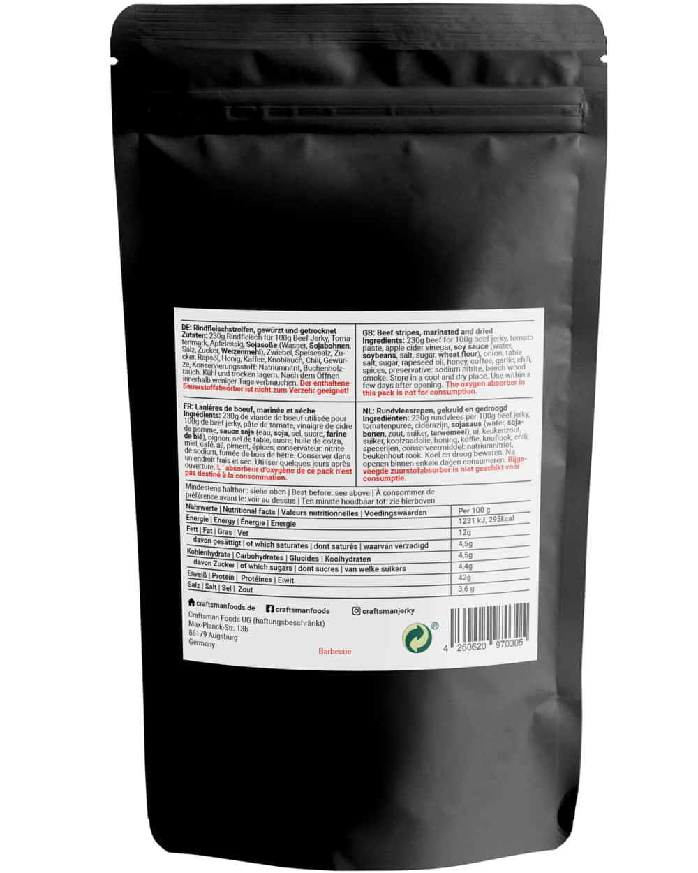 Beef Jerky BBQ, Zutaten, Nährwerte, Trockenfleisch aus Deutschland, Süß und rauchig, mit Rindfleisch aus Bayern