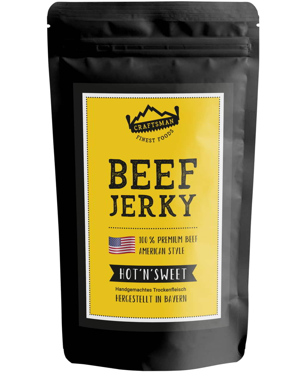 Beef Jerky American Style, Hot und Sweet, Scharf und süß, natürliches Trockenfleisch aus Bayern, Dörrfleisch von Craftsman Foods