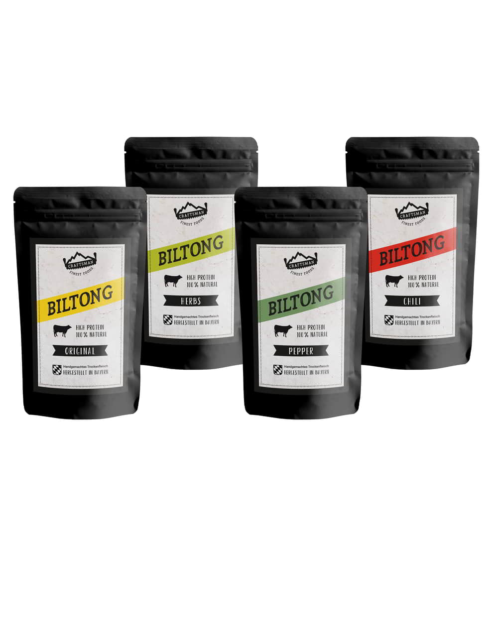 Biltong Trockenfleisch, Mix Set, Box, Probierset, Dörrfleisch aus Afrika, 4 Packungen, 100% natürlich ohne Zucker aus Bayern