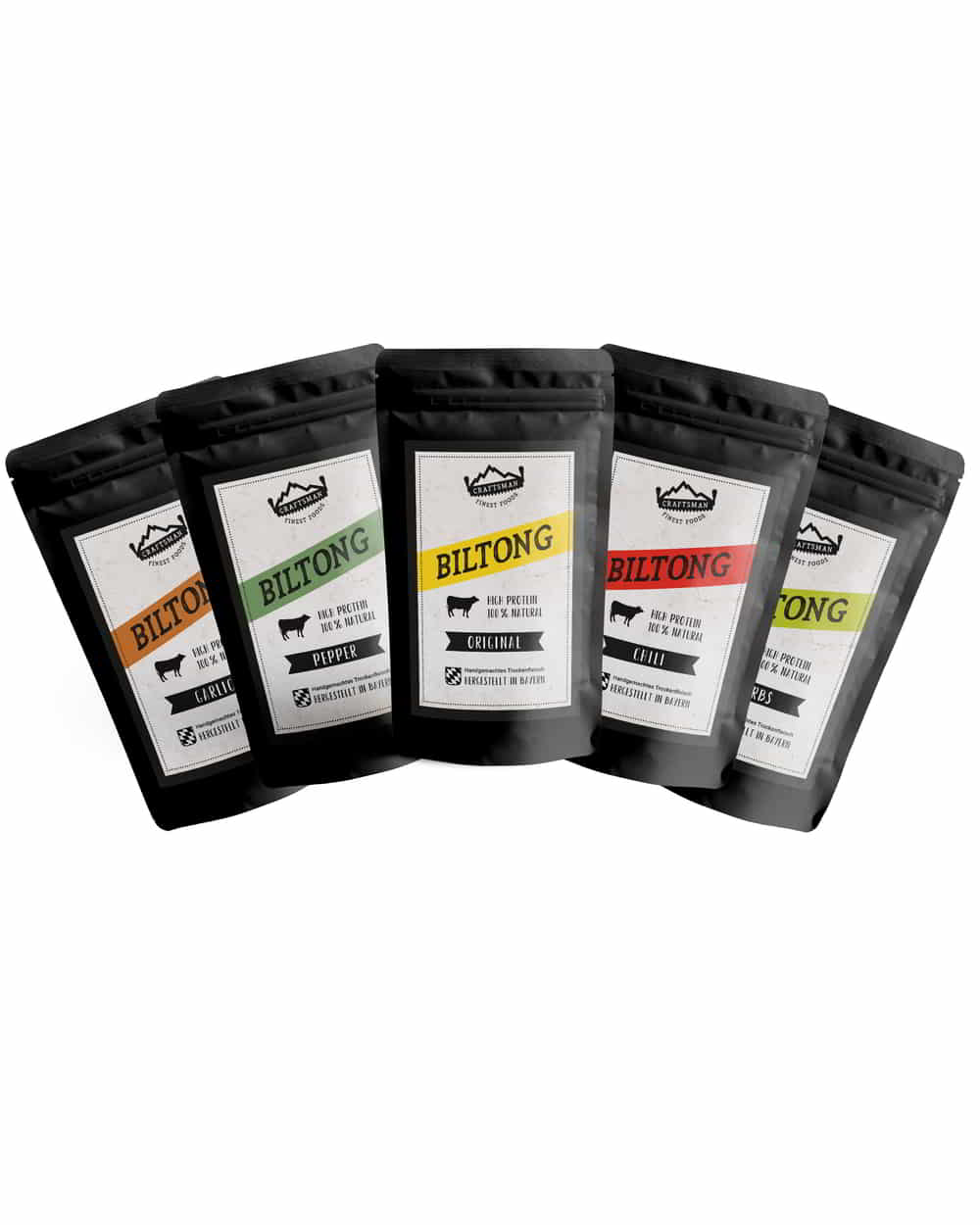 Biltong Trockenfleisch, Mix Set, Box, Probierset, Dörrfleisch aus Afrika, 5 Packungen, Original, Pepper, Chili, Garlic und Herbs