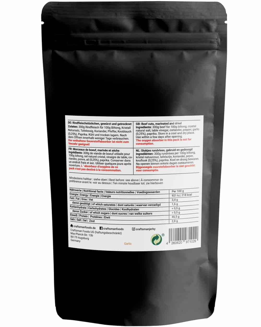 Biltong mit Rezept aus Namibia, Trockenfleisch aus Bayern, Original Geschmack wie in Südafrika, Nährwerte und Zutaten
