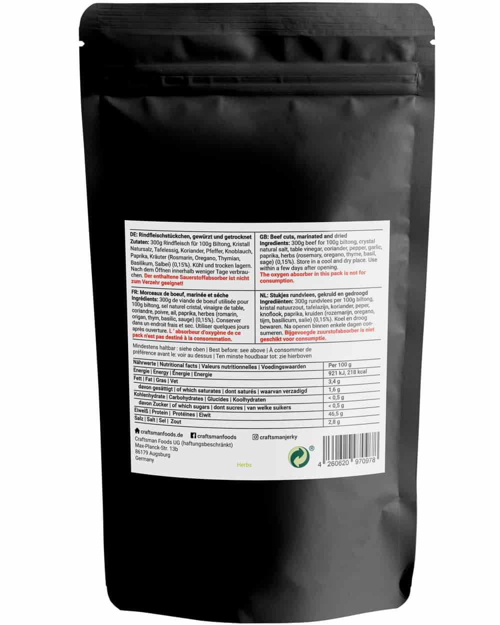 Biltong mit Rezept aus Namibia, Trockenfleisch aus Bayern, Original Geschmack wie in Südafrika, Nährwerte und Zutaten