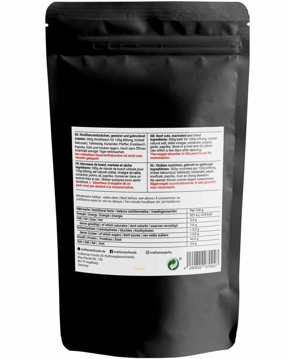 Biltong mit Rezept aus Namibia, Trockenfleisch aus Bayern, Original Geschmack wie in Südafrika, Nährwerte und Zutaten