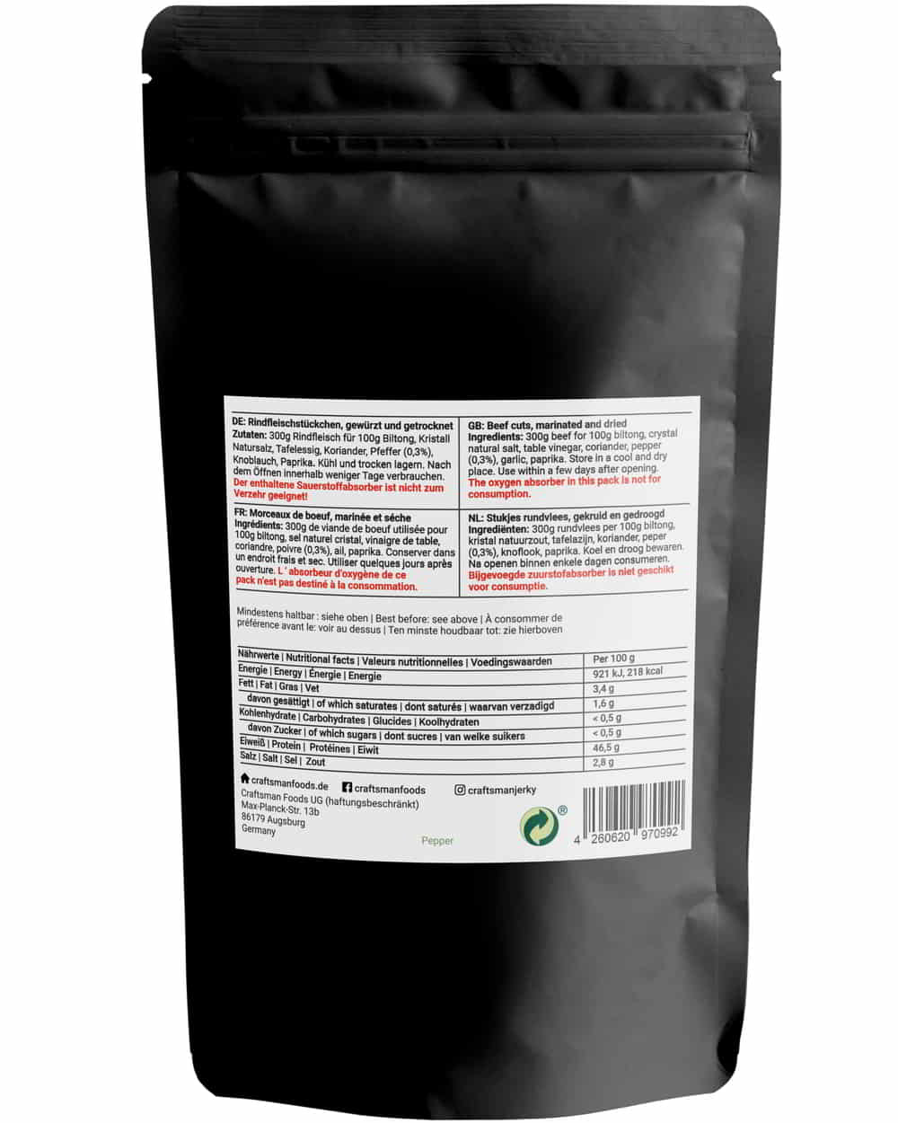 Biltong mit Rezept aus Namibia, Trockenfleisch aus Bayern, Original Geschmack wie in Südafrika, Nährwerte und Zutaten