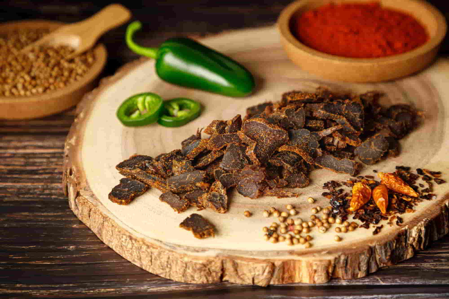 Chili Trockenfleisch, Rindfleisch getrocknet, natürlich, scharf, ohne Zucker, Biltong aus Namibia, Dörrfleisch