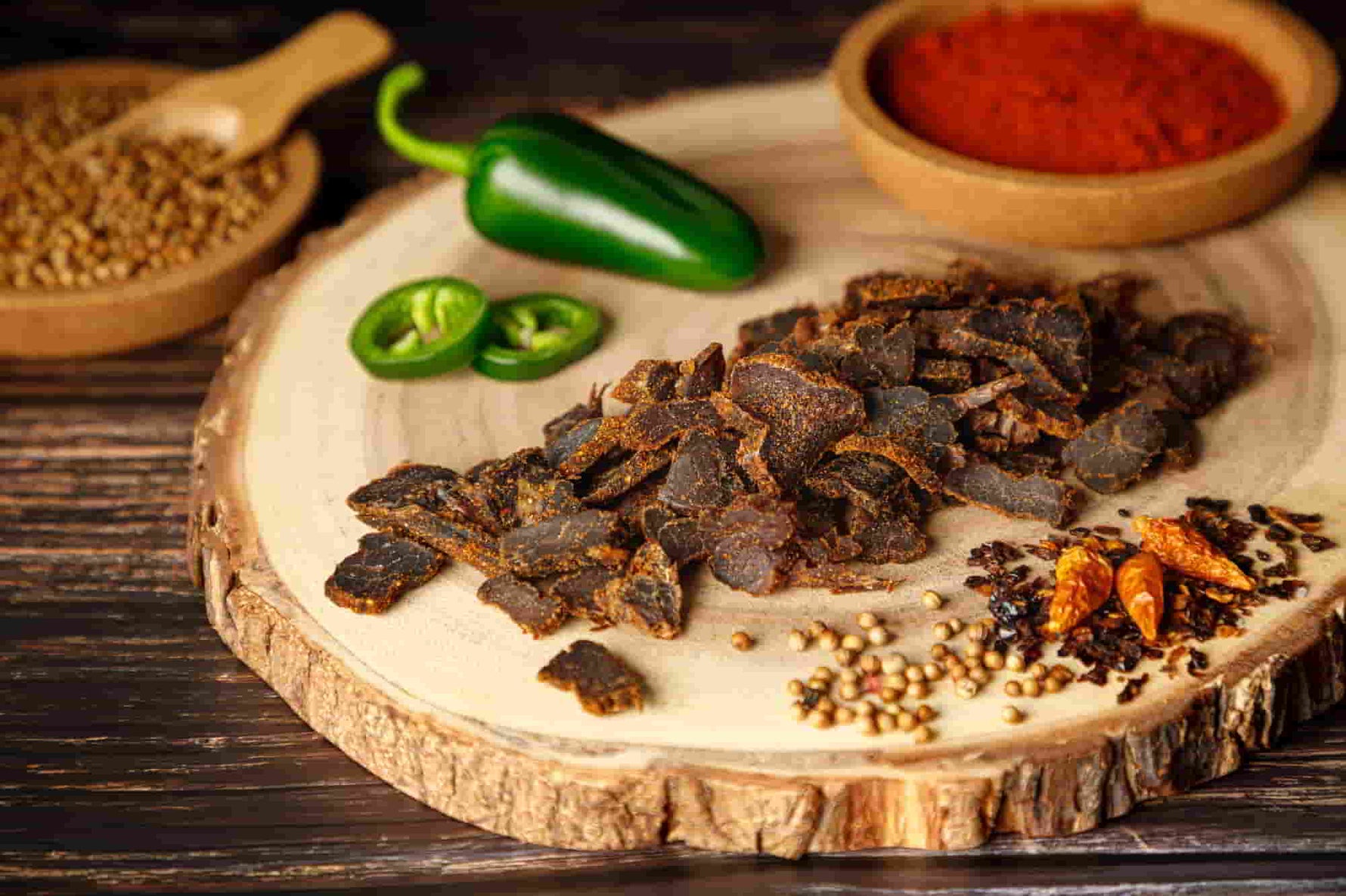 Chili Trockenfleisch, Rindfleisch getrocknet, natürlich, scharf, ohne Zucker, Biltong aus Namibia, Dörrfleisch