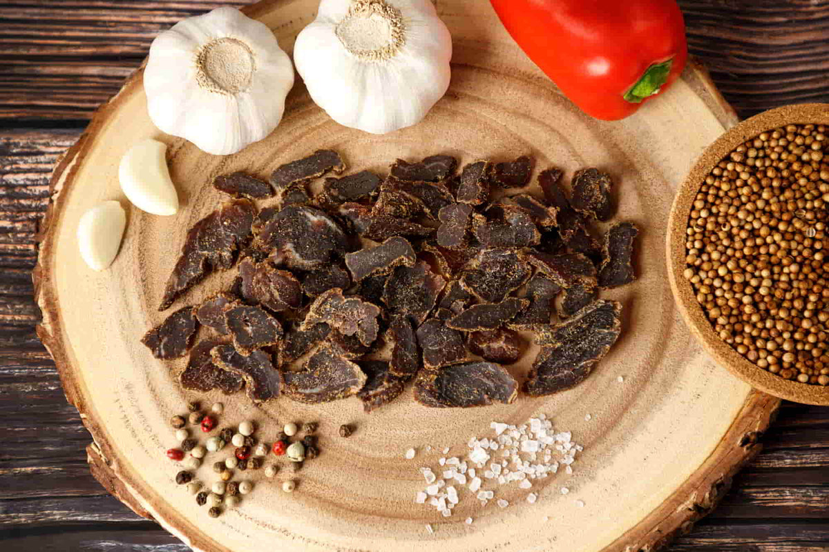 Knoblauch Trockenfleisch, Rindfleisch getrocknet, Garlic, natürlich, würzig, ohne Zucker, Biltong aus Namibia, Dörrfleisch aus Afrika