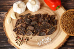 Knoblauch Trockenfleisch, Rindfleisch getrocknet, Garlic, natürlich, würzig, ohne Zucker, Biltong aus Namibia, Dörrfleisch aus Afrika