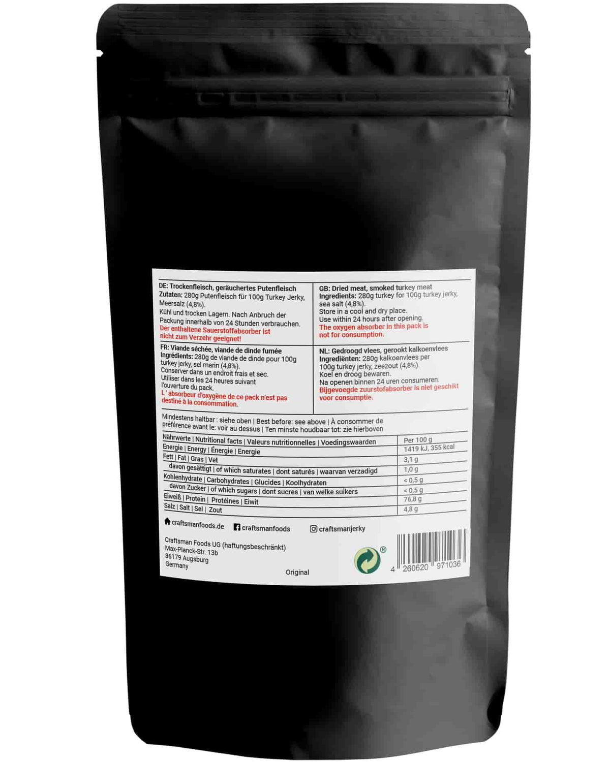 Craftsman Finest Foods Turkey Jerky, Nährwerte und Zutaten Trockenfleisch Pute, Dörrfleisch aus Bayern