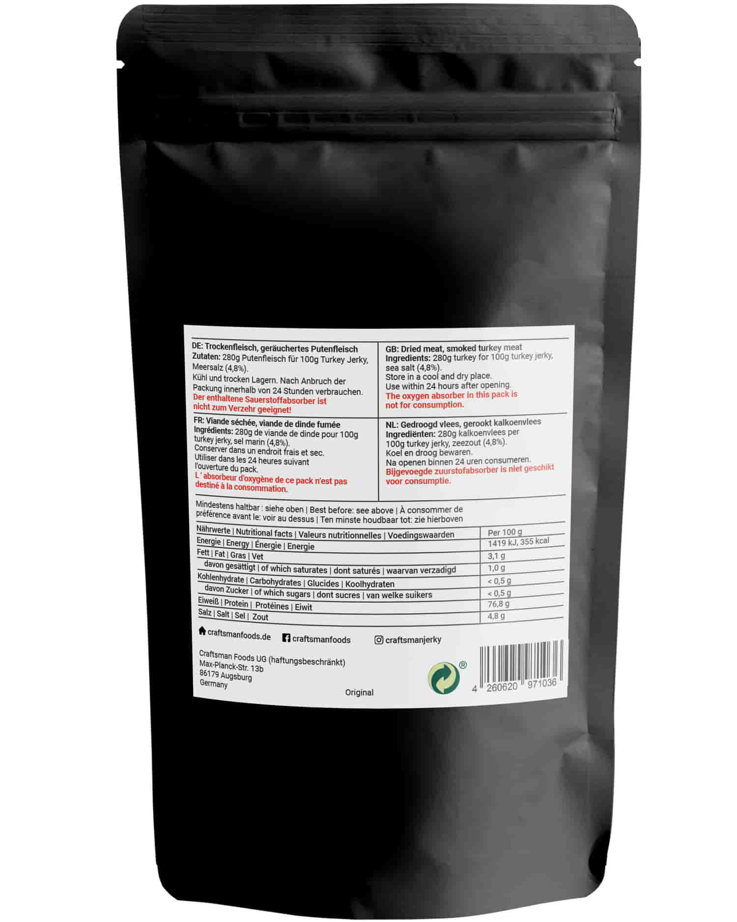 Craftsman Finest Foods Turkey Jerky, Nährwerte und Zutaten Trockenfleisch Pute, Dörrfleisch aus Bayern