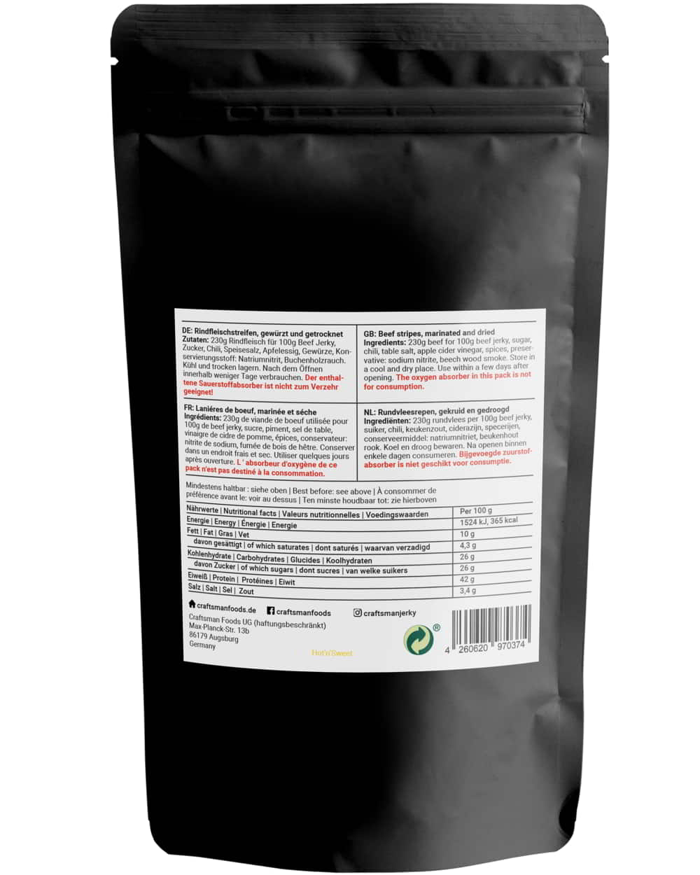 Beef Jerky Hot n Sweet, Zutaten, Nährwerte, Trockenfleisch aus Bayern, American Line