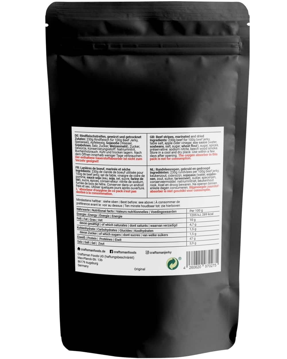 Beef Jerky Original, Zutatenliste und Nährwerttabelle, Trockenfleisch aus Deutschland, American Style