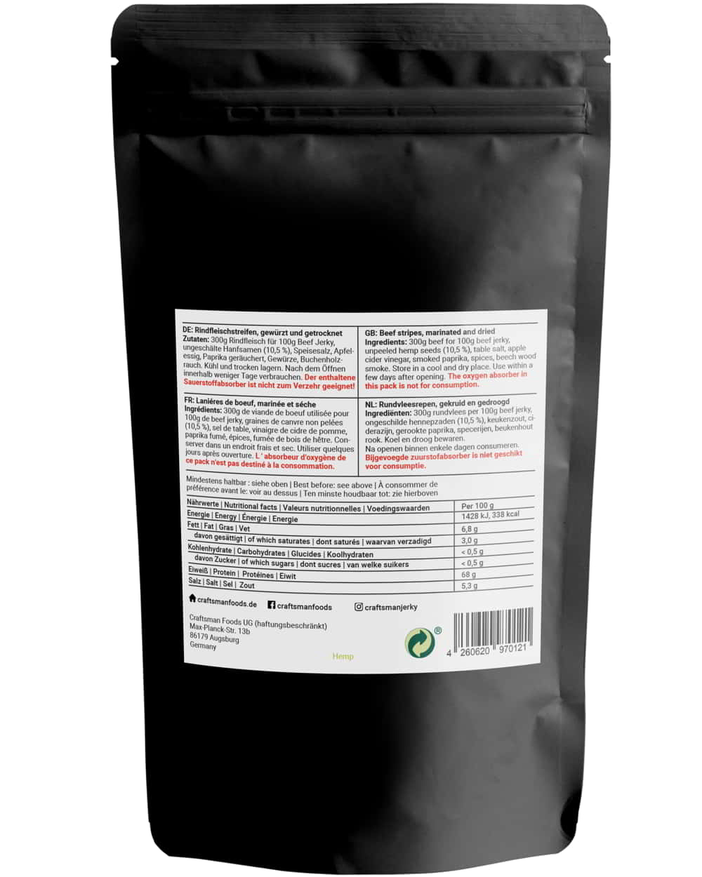 100% natürliches Trockenfleisch ohne Zucker bestellen, Beef Jerky Zutaten und Nährwerte, glutenfrei, laktosefrei, ohne Konservierungsstoffe, keine Geschmacksverstärker