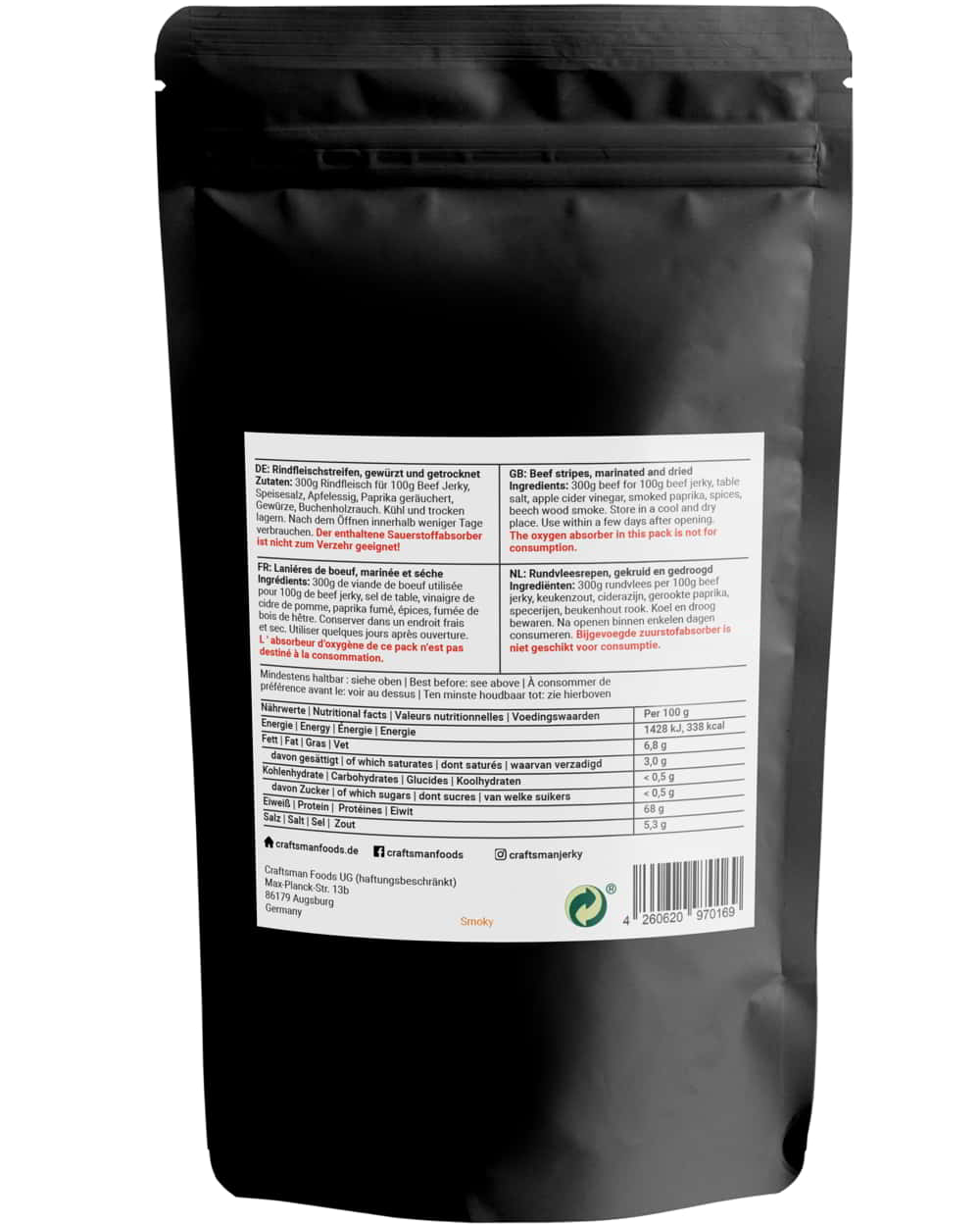 geräuchertes und getrocknetes Rindfleisch, Smoky Beef Jerky, Trockenfleisch Zutaten und Nährwerte, Hergestellt in Deutschland, Protein Snack von Craftsman Foods