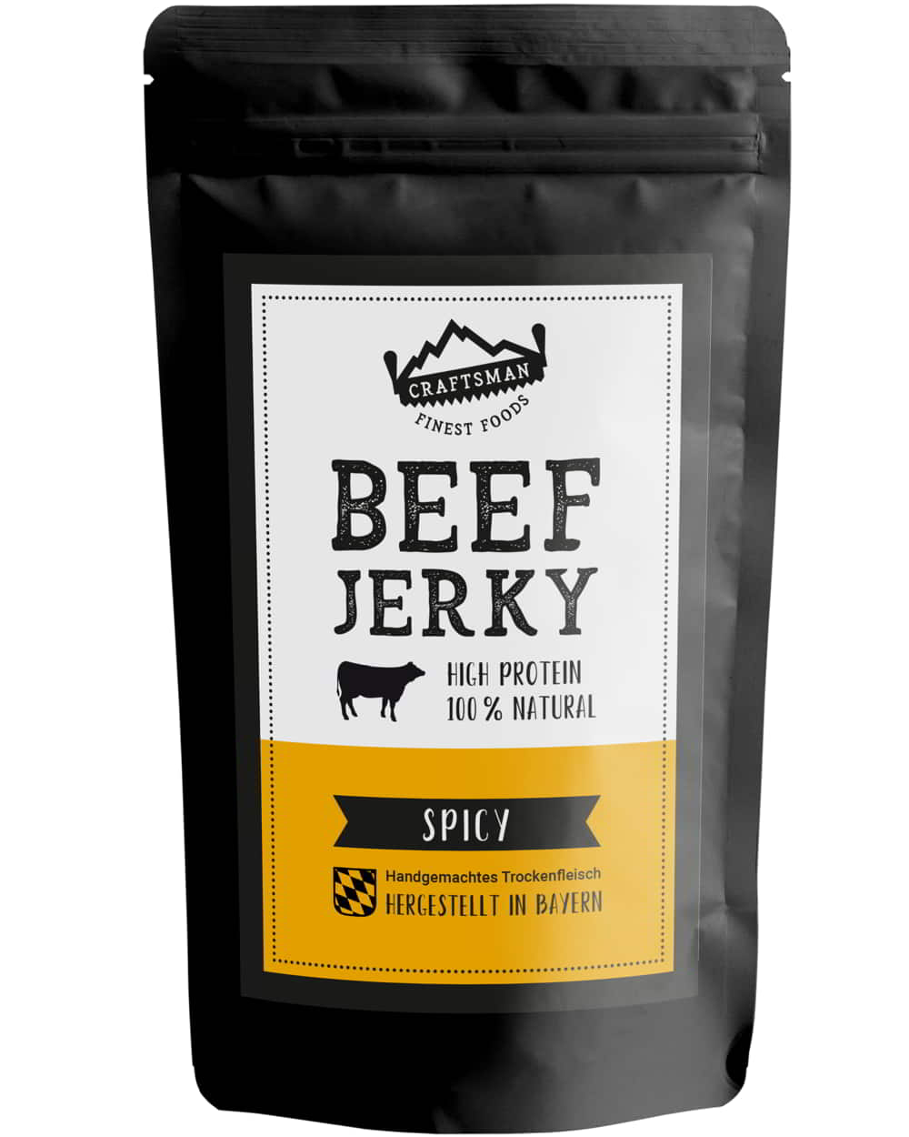 Spicy Trockenfleisch, Scharfes Beef Jerky, Dörrfleisch mit Chili, Handgemacht in Bayern, Rindfleisch aus Deutschland, ohne Zucker und Geschmacksverstärker