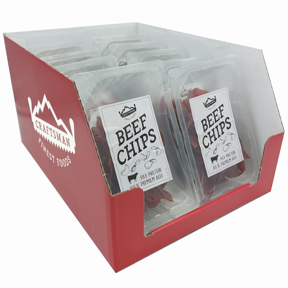 Beef Chips Display Großpackung, Theken Aufsteller für Trockenfleisch Chips, Protein Snack, Beef Jerky Chips