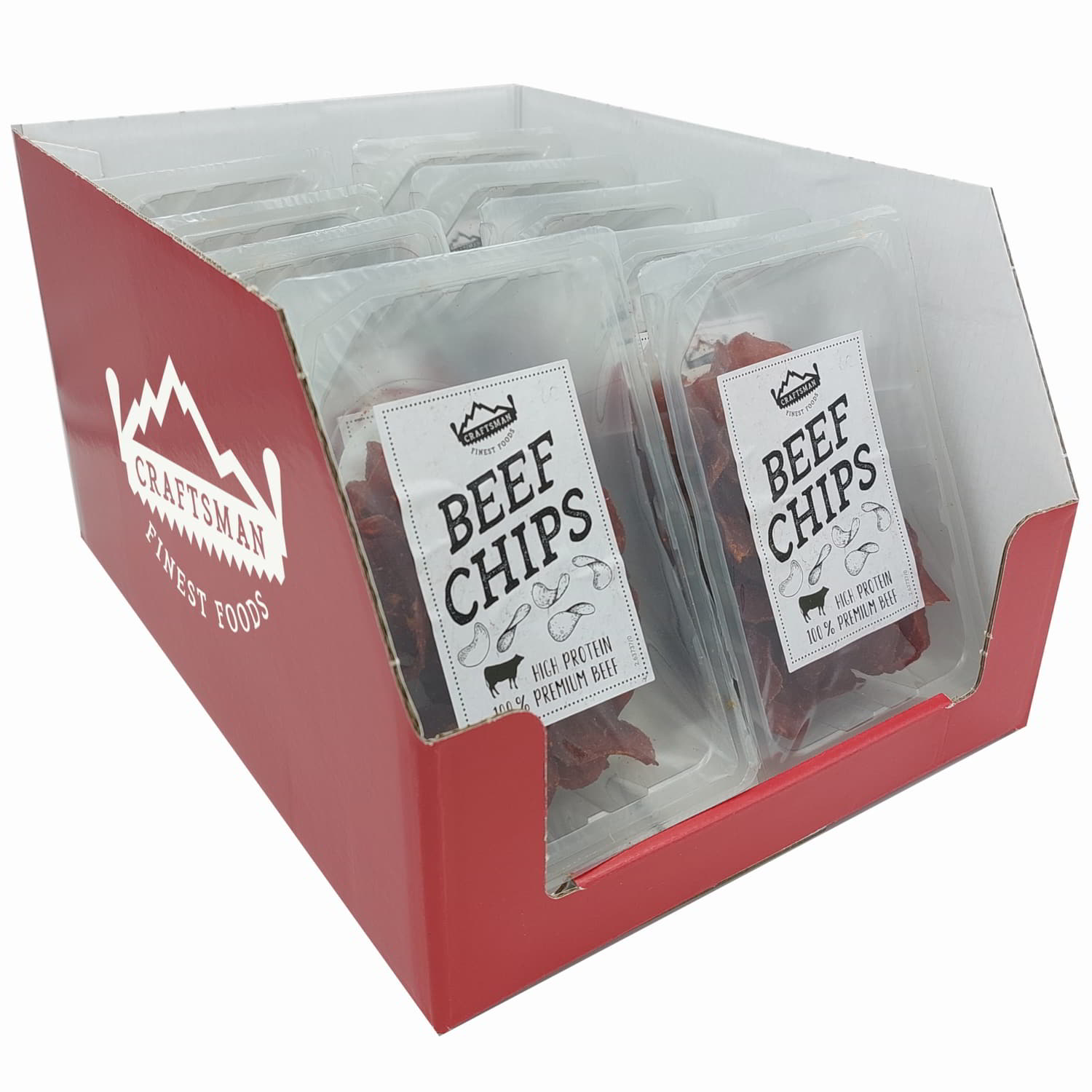 Beef Chips Display Großpackung, Theken Aufsteller für Trockenfleisch Chips, Protein Snack, Beef Jerky Chips