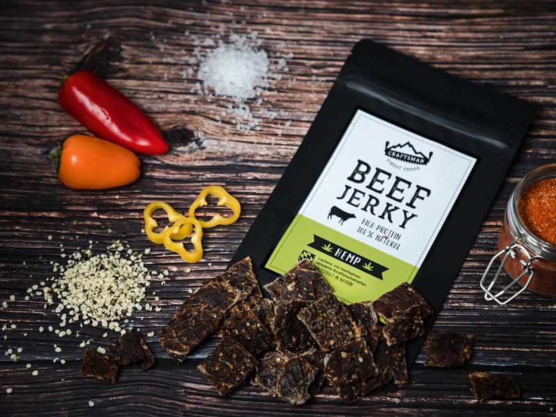 Beef Jerky bestellen, Beef Jerky ohne Zucker, Jerkey Beef Hemp, Trockenfleisch aus Deutschland Bayern, Beef Jerky online Shop, Craftsman Finest Foods, Natural Beef Jerky