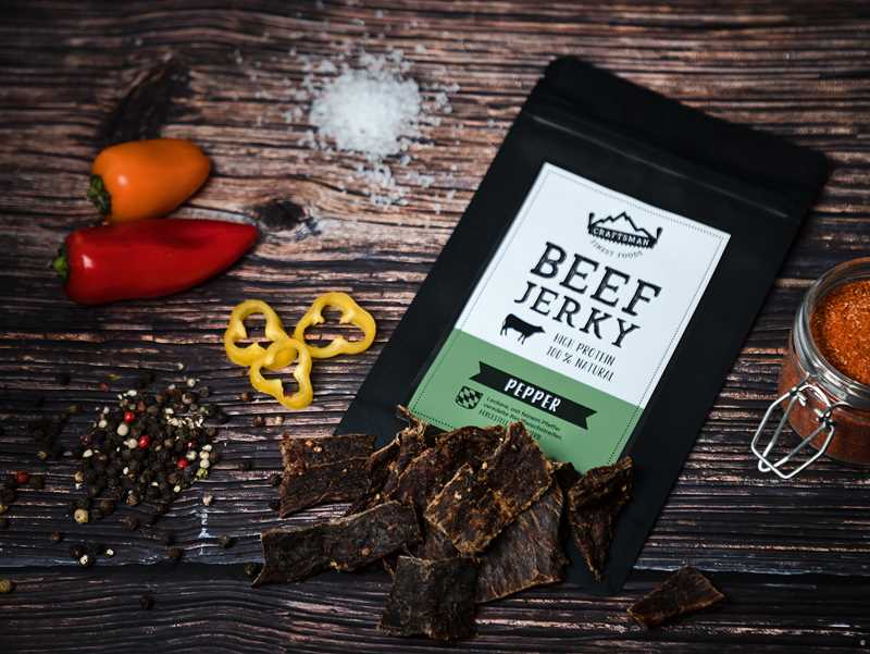 Beef Jerky bestellen, Beef Jerky ohne Zucker, Jerkey Beef Pepper, Trockenfleisch aus Deutschland Bayern, Beef Jerky online Shop, Craftsman Finest Foods, Natural Beef Jerky