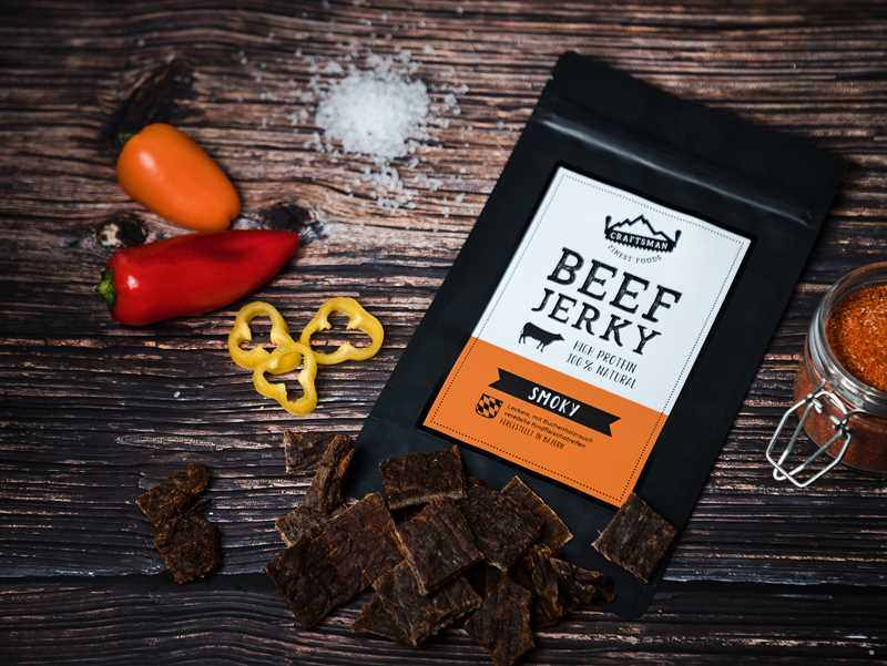 Beef Jerky bestellen, Beef Jerky ohne Zucker, Jerkey Beef Smoky, Trockenfleisch aus Deutschland Bayern, Beef Jerky online Shop, Craftsman Finest Foods, Natural Beef Jerky
