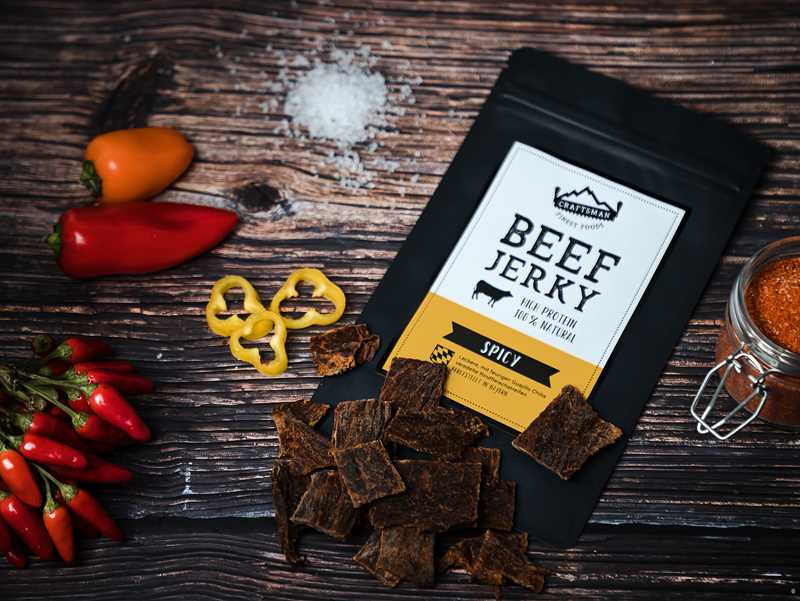 Beef Jerky bestellen, Beef Jerky ohne Zucker, Jerkey Beef Spicy, Trockenfleisch aus Deutschland Bayern, Beef Jerky online Shop, Craftsman Finest Foods, Natural Beef Jerky