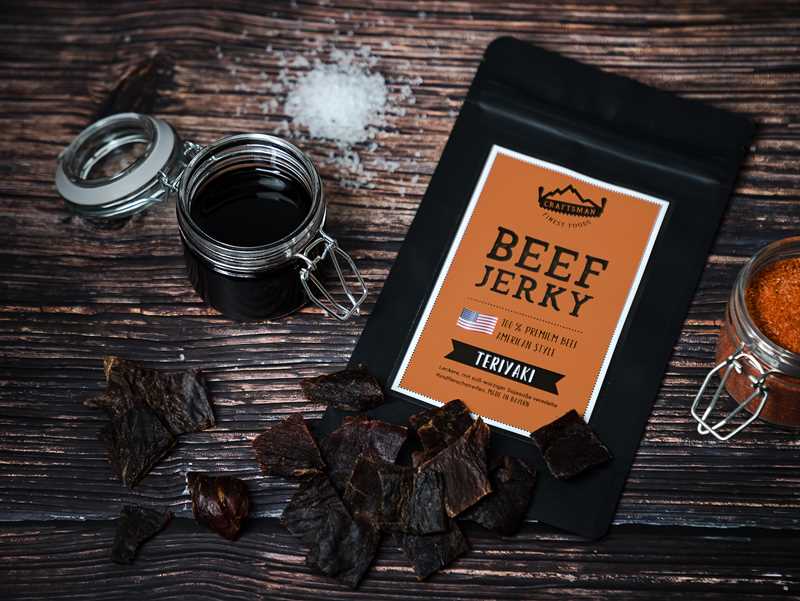 Beef Jerky bestellen, Jerkey Beef Teriyaki, Trockenfleisch aus Deutschland Bayern, Beef Jerky online Shop, Craftsman Finest Foods, American Beef Jerky
