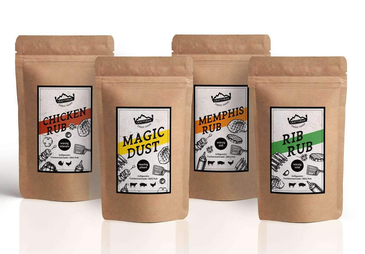 Craftsman Foods, BBQ Rub kaufen, BBQ Rubs, Trockenmarinade, Grillgewürz, Barbecue Gewürz, Gewürze zum Grillen, Rub 100 % natürlich, natürliche Grillgewürze, natürliche Gewürze zum Grillen, BBQ Rub Probierpack, BBQ Rub Set, BBQ Rub Mix, Barbecue Gewürz Set, BBQ Rubs kaufen, BBQ Rub Magic Dust, BBQ Rub, Chicken Rub, BBQ Rub Memphis Rub, BBQ Rub Rib Rub, 