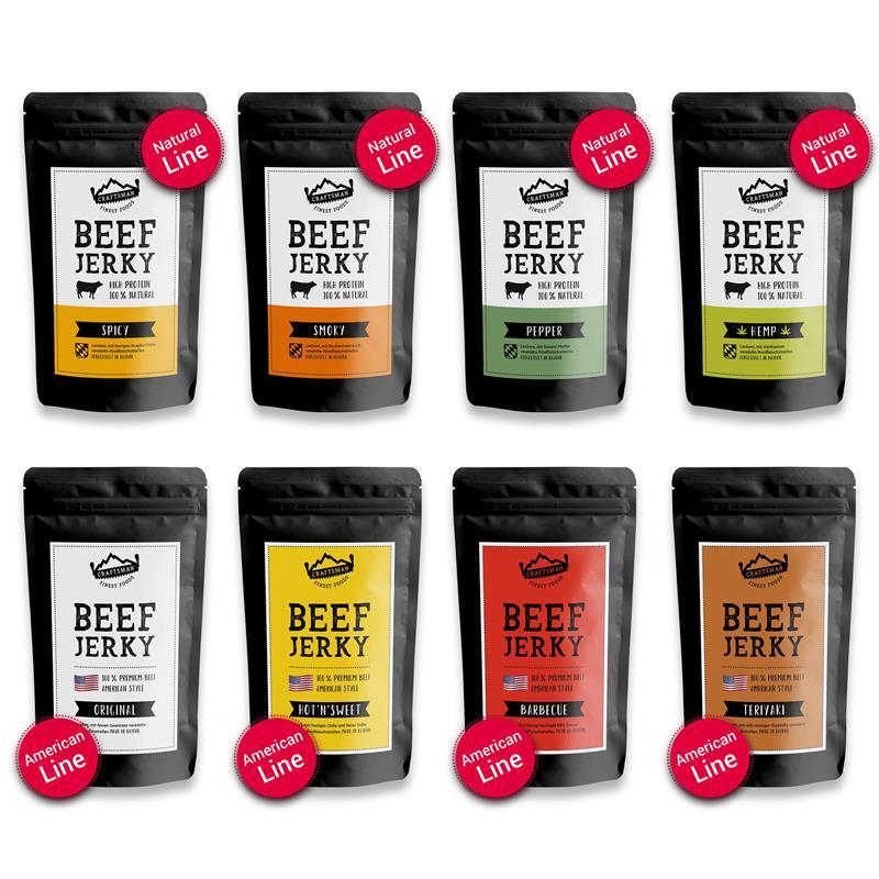 Beef Jerky Superpack, Beef Jerky Probier Set, Trockenfleisch Set, Trockenfleisch aus Deutschland Bayern, natürliches Trockenfleisch, natürliches Beef Jerky, Jerkey Beef ohne Zucker, Beef Jerky zuckerfrei, Beef Jerky Pepper, Beef Jerky Original, Trockenfleisch Teriyaki, Beef Jerky Hanf, Craftsman Finest Foods, Beef Jerky Private Label