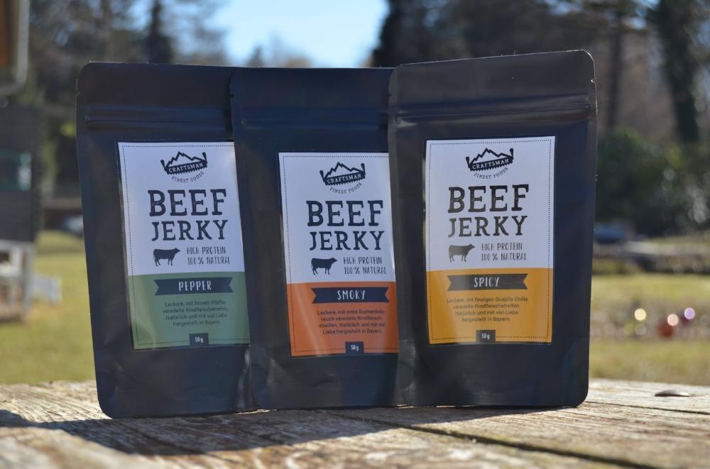 Beef Jerky Set, Jerkey Beef Probierpaket, Beef Jerky ohne Zucker, zuckerfreie Jerky Beef, Trockenfleisch aus Bayern Deutschland, natürliches Trockenfleisch, Craftsman Finest Foods, Premium Beef Jerky, Probierset Trockenfleisch, Protein Snack, Fleisch Snack,